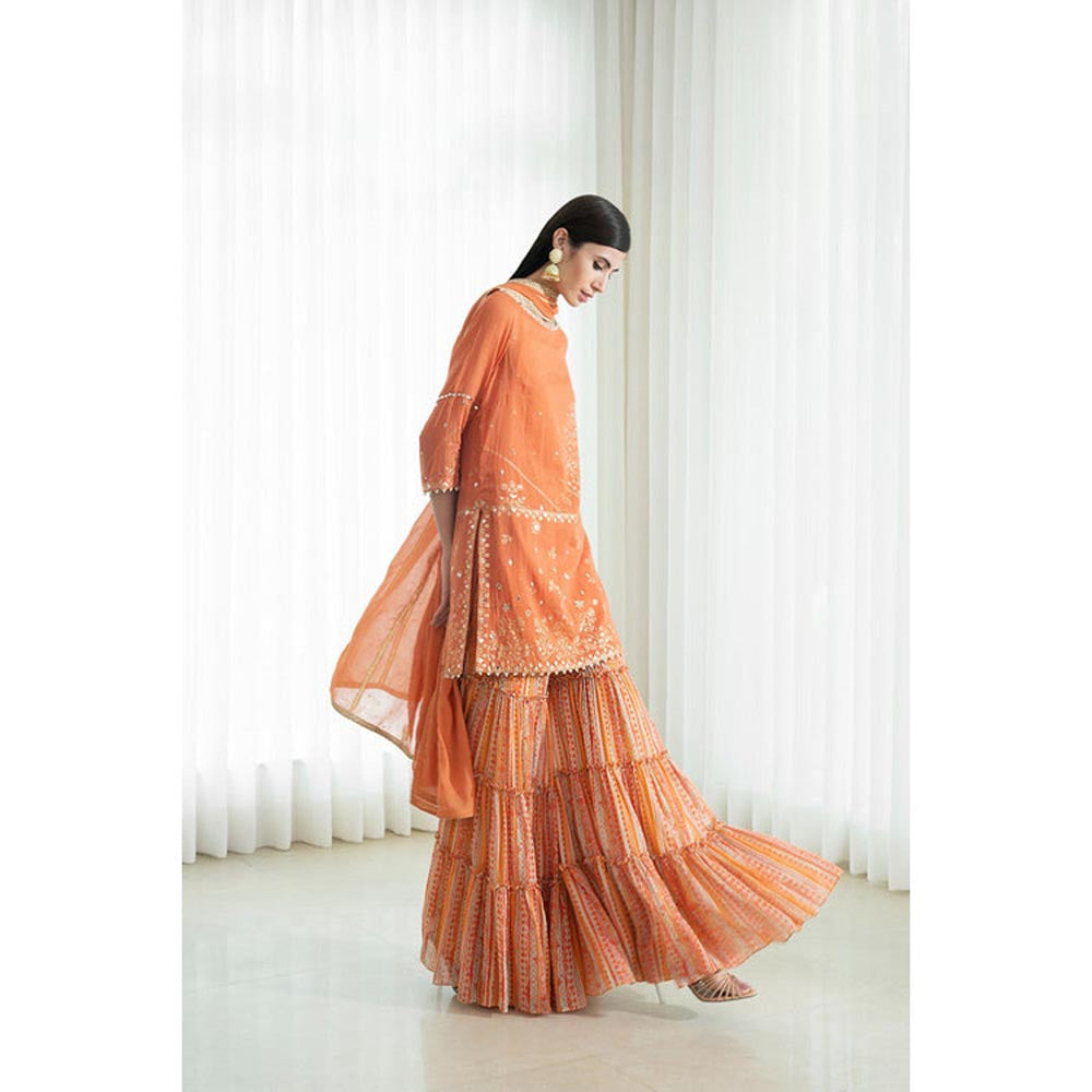 MANDIRA WIRK Women Mulmul Orange Kurta with Sharara and Dupatta