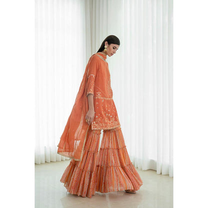 MANDIRA WIRK Women Mulmul Orange Kurta with Sharara and Dupatta