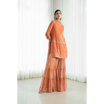 MANDIRA WIRK Women Mulmul Orange Kurta with Sharara and Dupatta