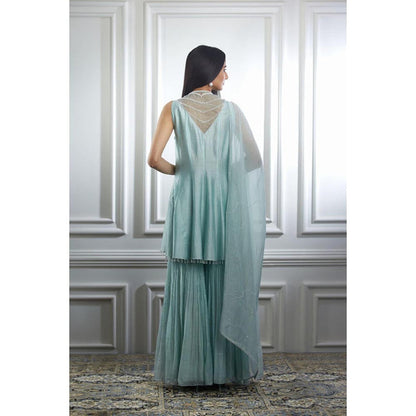 MANDIRA WIRK Women Chanderi Blue Kurta with Sharara and Dupatta