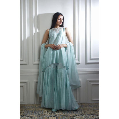 MANDIRA WIRK Women Chanderi Blue Kurta with Sharara and Dupatta