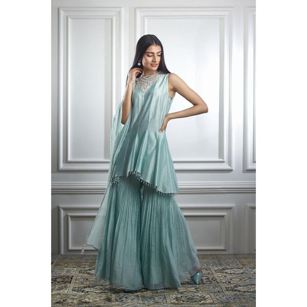 MANDIRA WIRK Women Chanderi Blue Kurta with Sharara and Dupatta