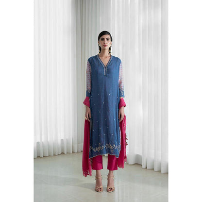 MANDIRA WIRK Women Chanderi Blue Kurta with Pant and Dupatta