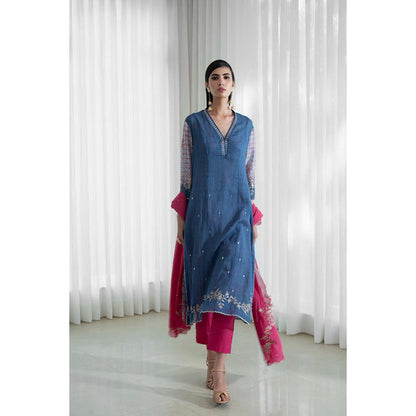 MANDIRA WIRK Women Chanderi Blue Kurta with Pant and Dupatta