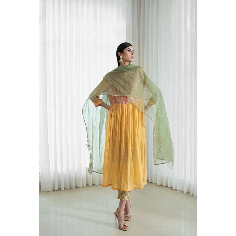 MANDIRA WIRK Women Chanderi Mustard Kurta with Pant and Dupatta