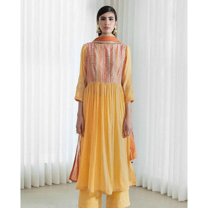 MANDIRA WIRK Women Chanderi Mustard Kurta with Pant and Dupatta