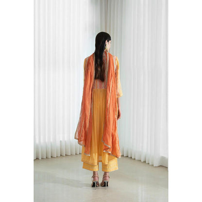 MANDIRA WIRK Women Chanderi Mustard Kurta with Pant and Dupatta
