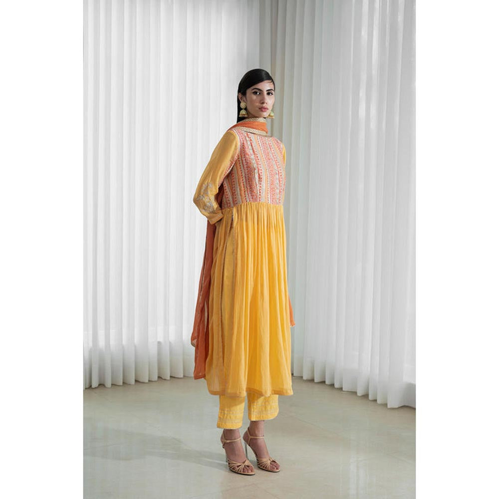 MANDIRA WIRK Women Chanderi Mustard Kurta with Pant and Dupatta