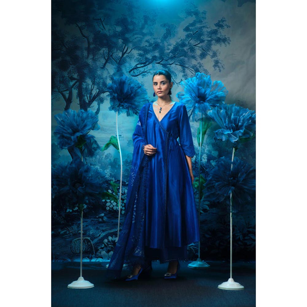 MANDIRA WIRK Women Chanderi Indigo Anarkali with Churidar and Dupatta
