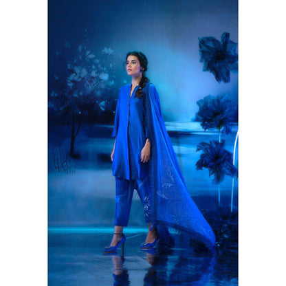MANDIRA WIRK Women Chanderi Indigo Top with Pant and Dupatta
