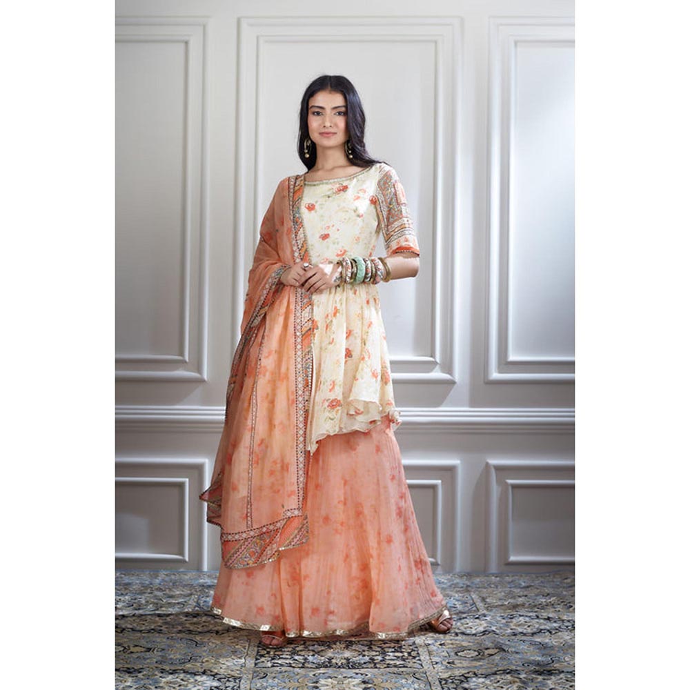 MANDIRA WIRK Women Chanderi Ivory Kurta with Sharara and Dupatta