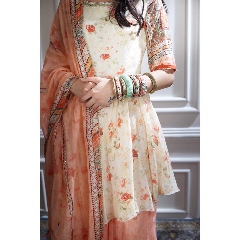 MANDIRA WIRK Women Chanderi Ivory Kurta with Sharara and Dupatta
