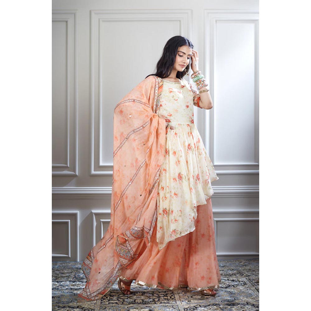 MANDIRA WIRK Women Chanderi Ivory Kurta with Sharara and Dupatta