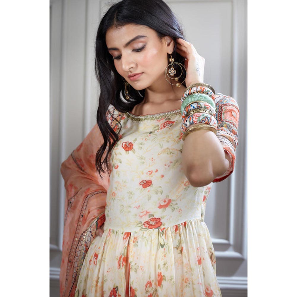 MANDIRA WIRK Women Chanderi Ivory Kurta with Sharara and Dupatta