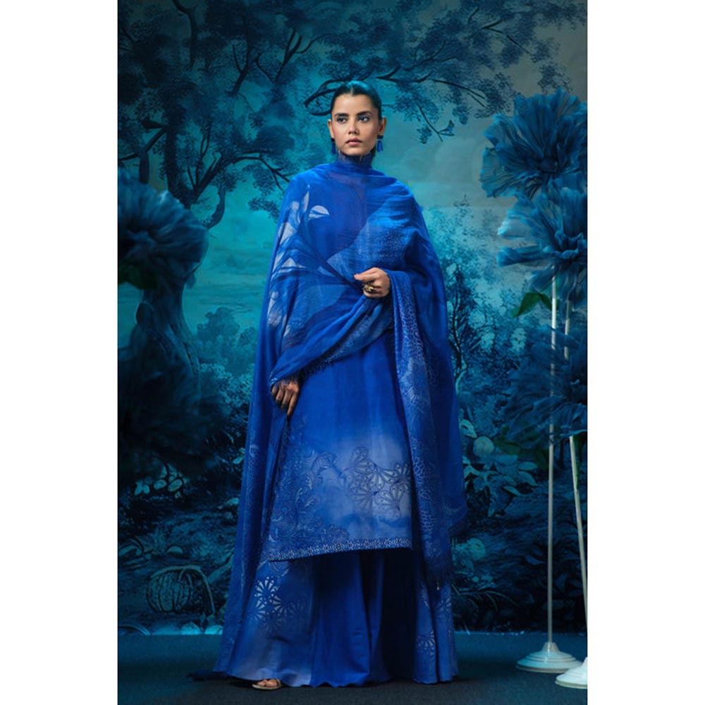 MANDIRA WIRK Women Chanderi Blue Kurta with Palazzo and Dupatta