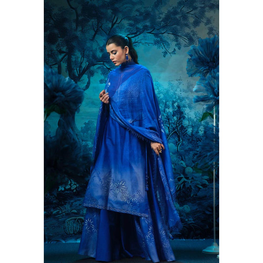 MANDIRA WIRK Women Chanderi Blue Kurta with Palazzo and Dupatta