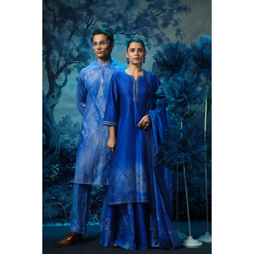 MANDIRA WIRK Women Chanderi Blue Kurta with Palazzo and Dupatta
