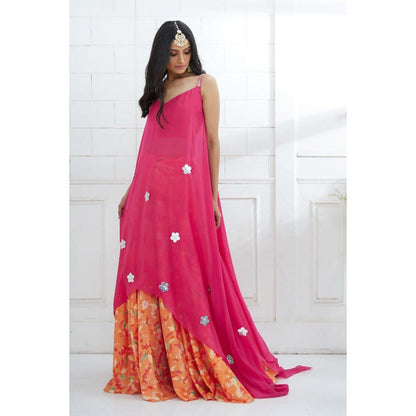 MANDIRA WIRK Fuchsia Embroidered Printed Lehenga with Kurta
