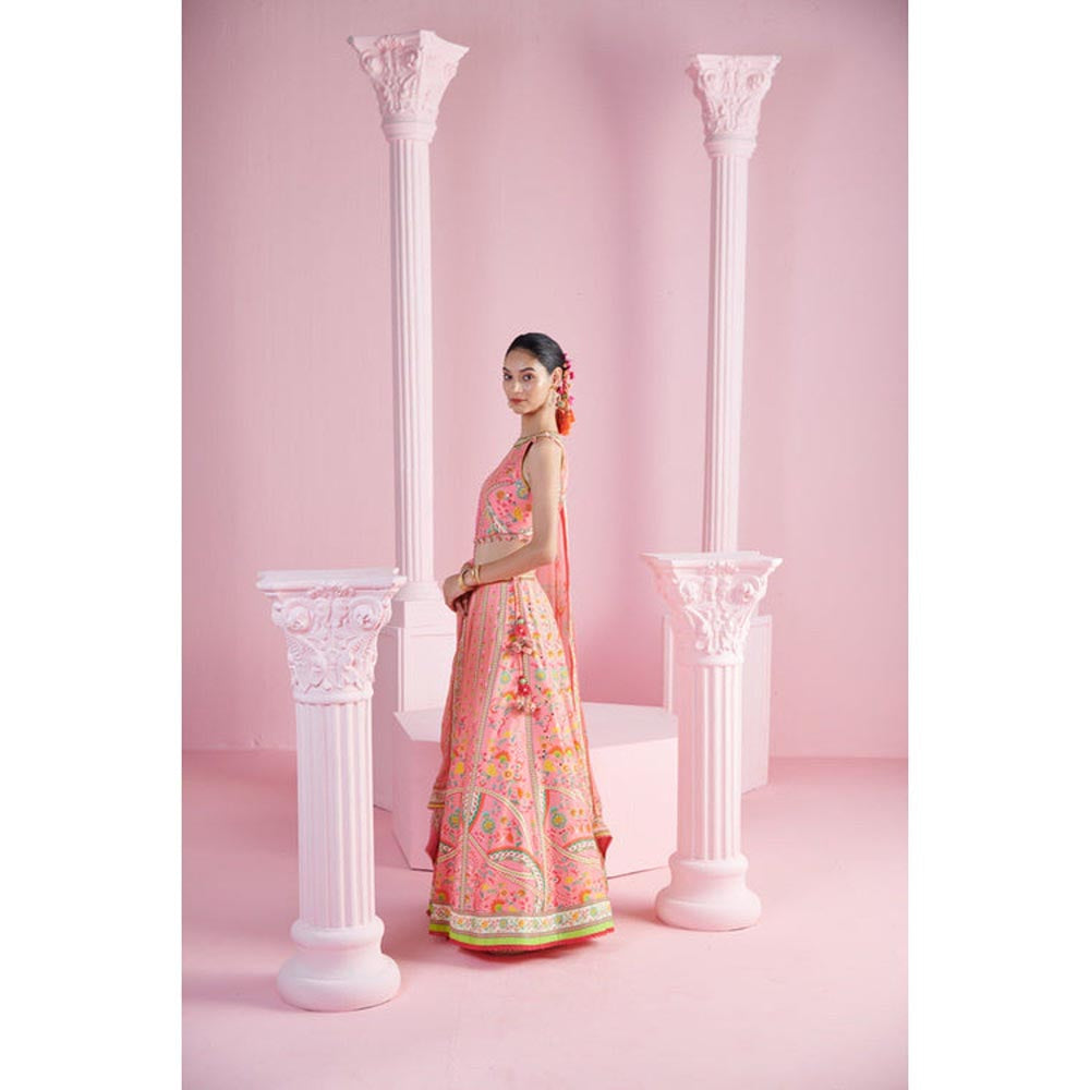 MANDIRA WIRK Pink Tassel Geometric Floral Lehenga Blouse with Dupatta