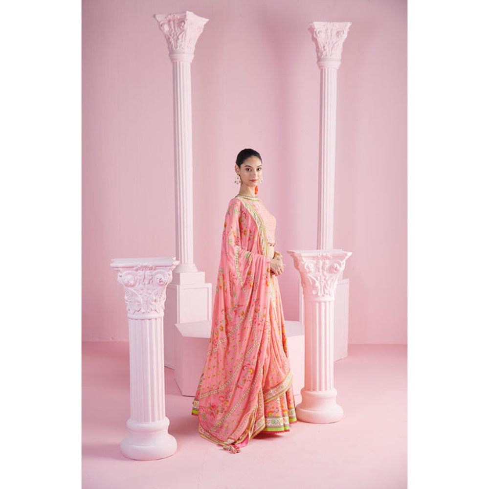 MANDIRA WIRK Pink Tassel Geometric Floral Lehenga Blouse with Dupatta