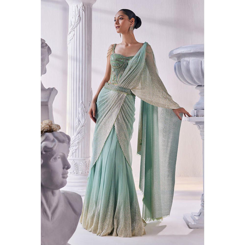 MANDIRA WIRK Pista Green Draped Layer Lehenga Set