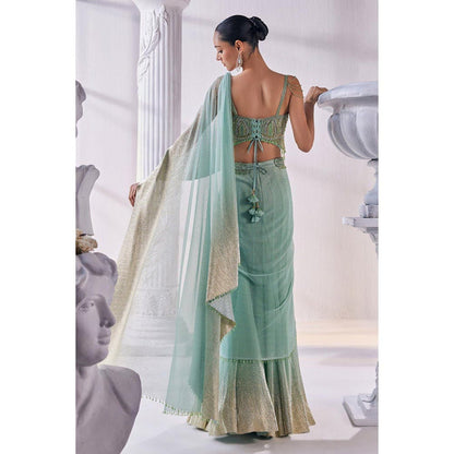 MANDIRA WIRK Pista Green Draped Layer Lehenga Set