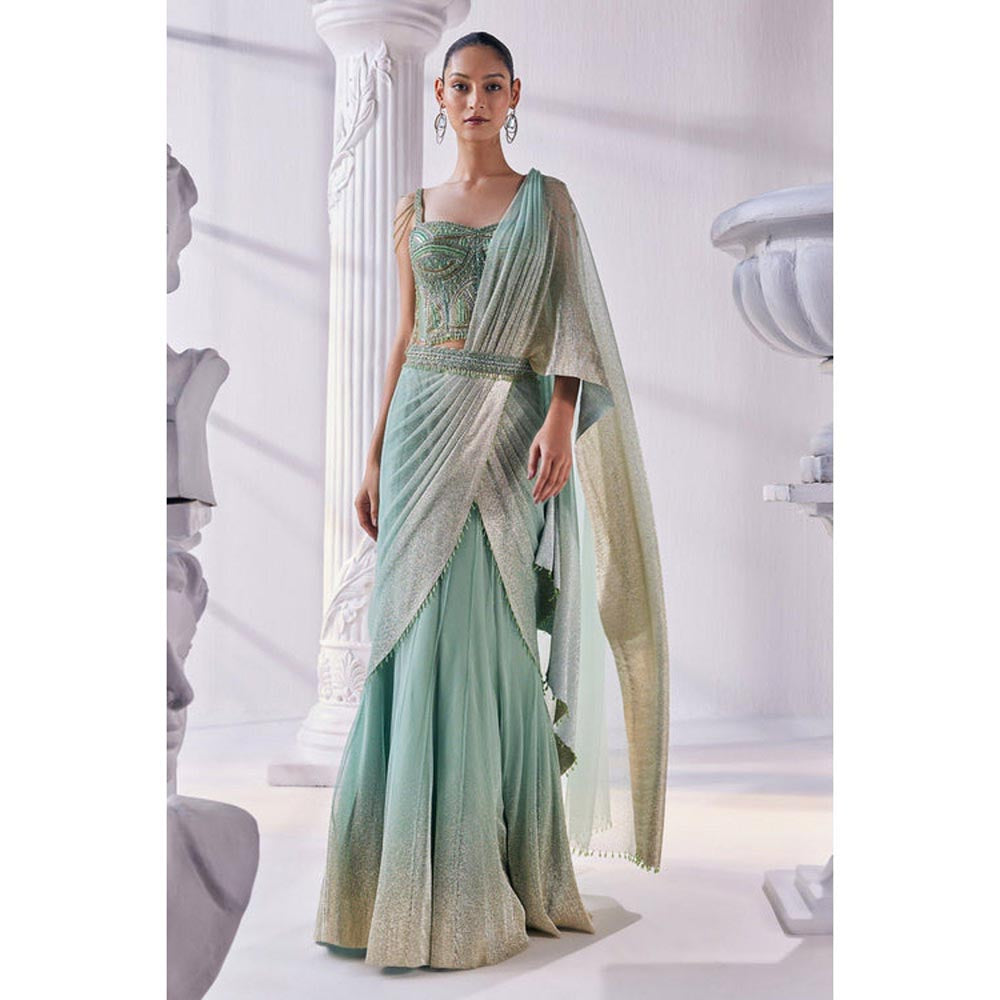 MANDIRA WIRK Pista Green Draped Layer Lehenga Set