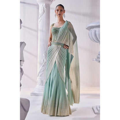 MANDIRA WIRK Pista Green Draped Layer Lehenga Set