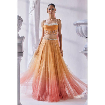 MANDIRA WIRK Satin Georgette Ombre Lehenga Blouse With Dupatta