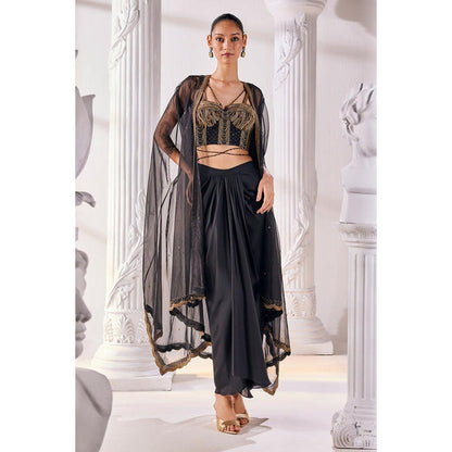 MANDIRA WIRK Black Draped Blouse Skirt With Dupatta