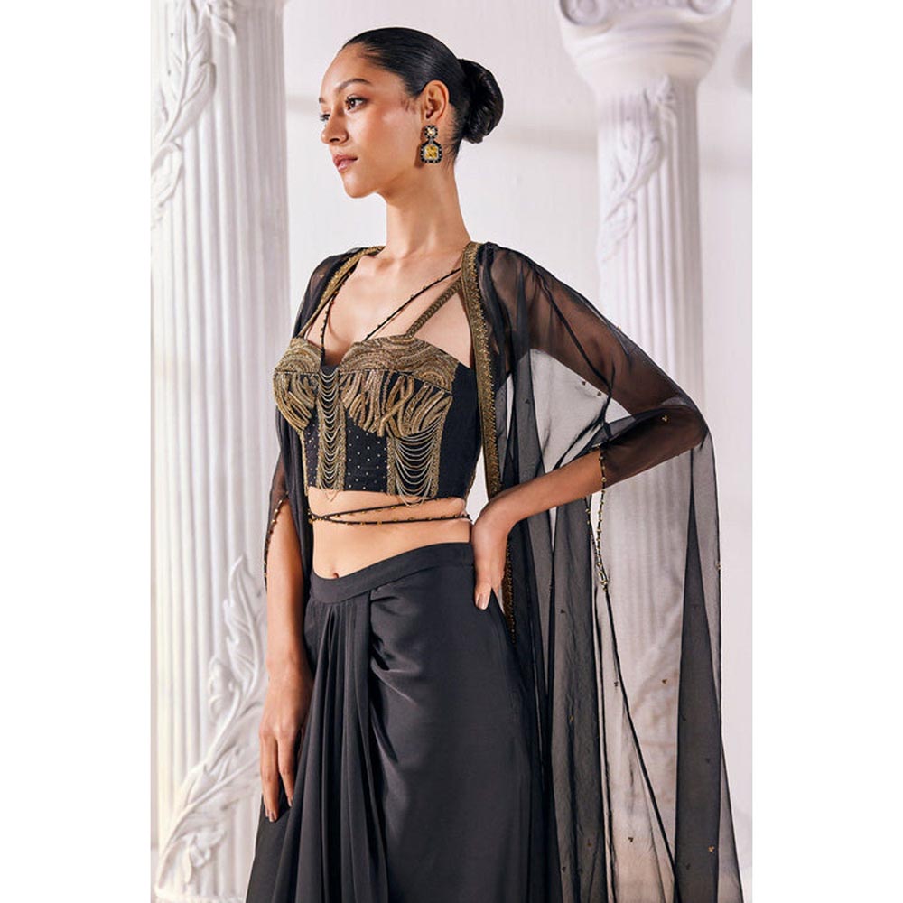 MANDIRA WIRK Black Draped Blouse Skirt With Dupatta