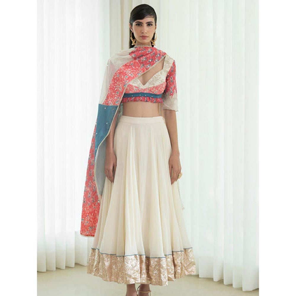 MANDIRA WIRK Printed Patchwork Ivory Blouse with Skirt and Dupatta