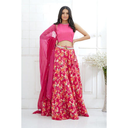 MANDIRA WIRK Fuchsia Embroidered Printed Lehenga Blouse With Dupatta