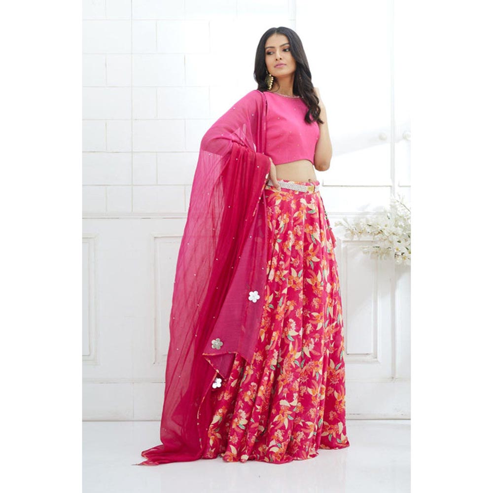 MANDIRA WIRK Fuchsia Embroidered Printed Lehenga Blouse With Dupatta