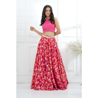 MANDIRA WIRK Fuchsia Embroidered Printed Lehenga Blouse With Dupatta