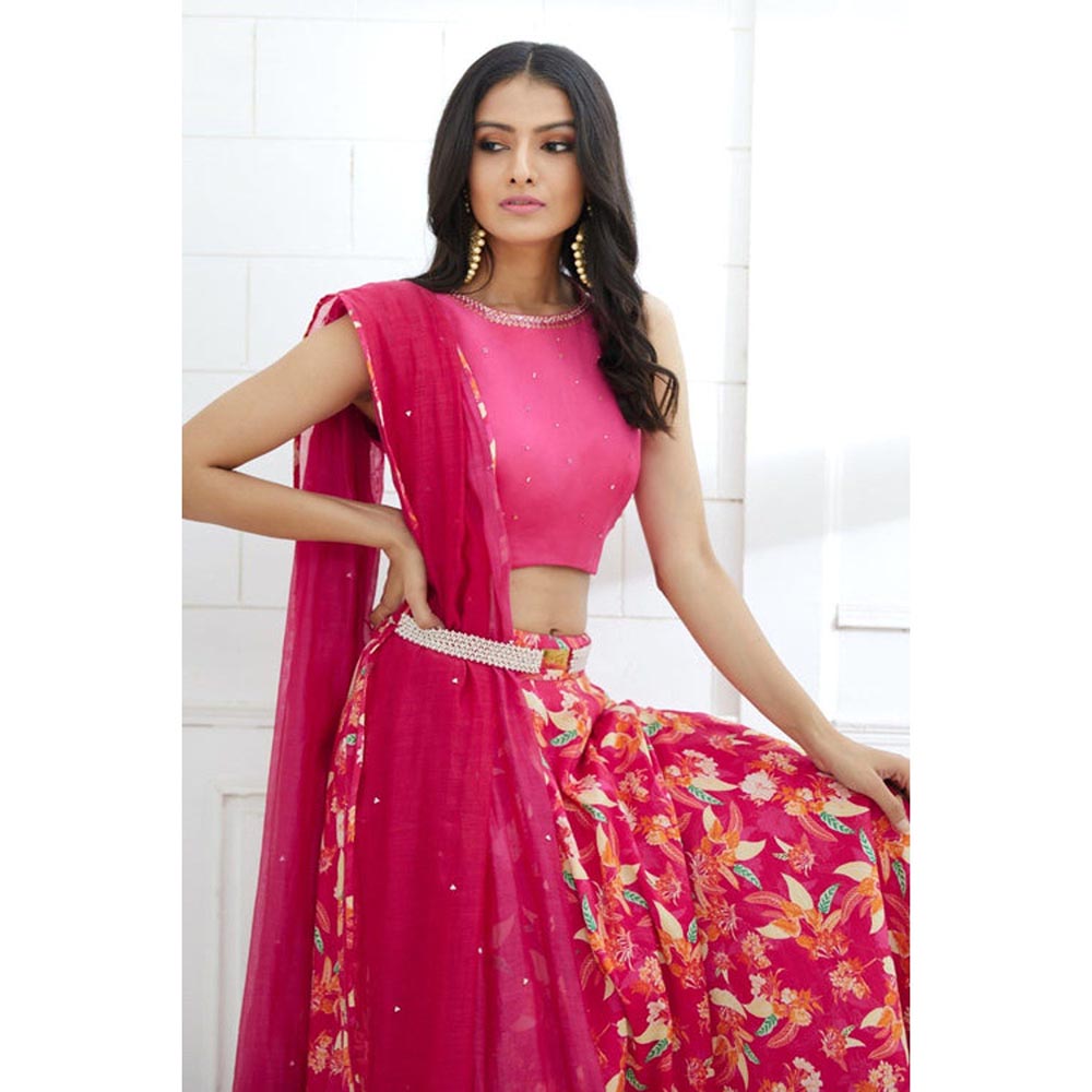 MANDIRA WIRK Fuchsia Embroidered Printed Lehenga Blouse With Dupatta