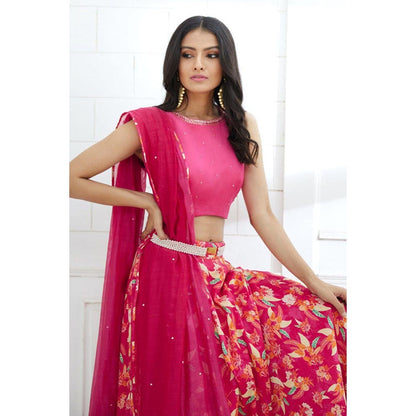 MANDIRA WIRK Fuchsia Embroidered Printed Lehenga Blouse With Dupatta