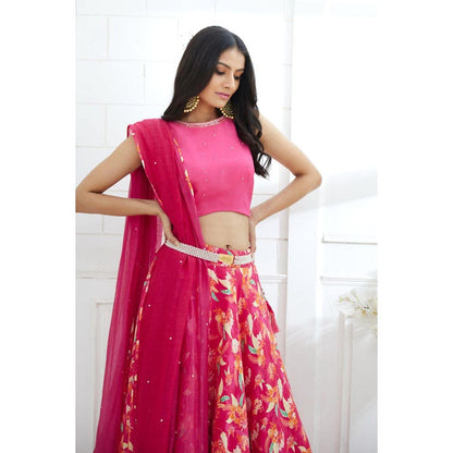 MANDIRA WIRK Fuchsia Embroidered Printed Lehenga Blouse With Dupatta