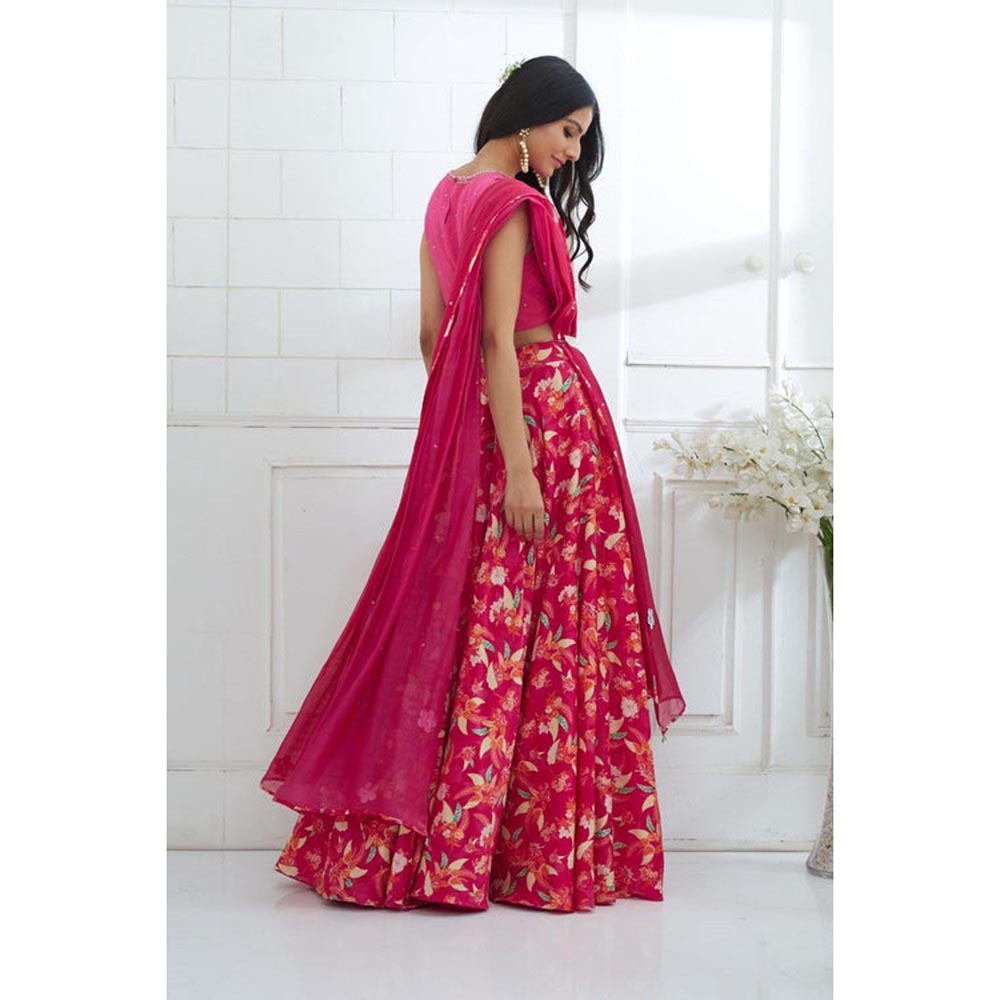 MANDIRA WIRK Fuchsia Embroidered Printed Lehenga Blouse With Dupatta