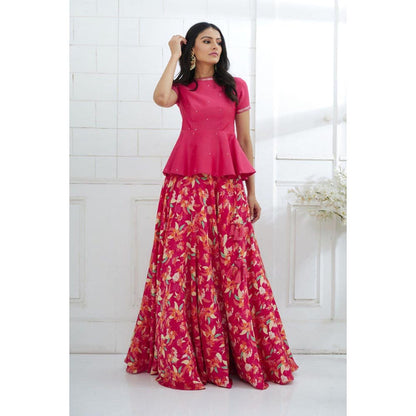 MANDIRA WIRK Fuchsia Embroidered Peplum With Printed Lehenga