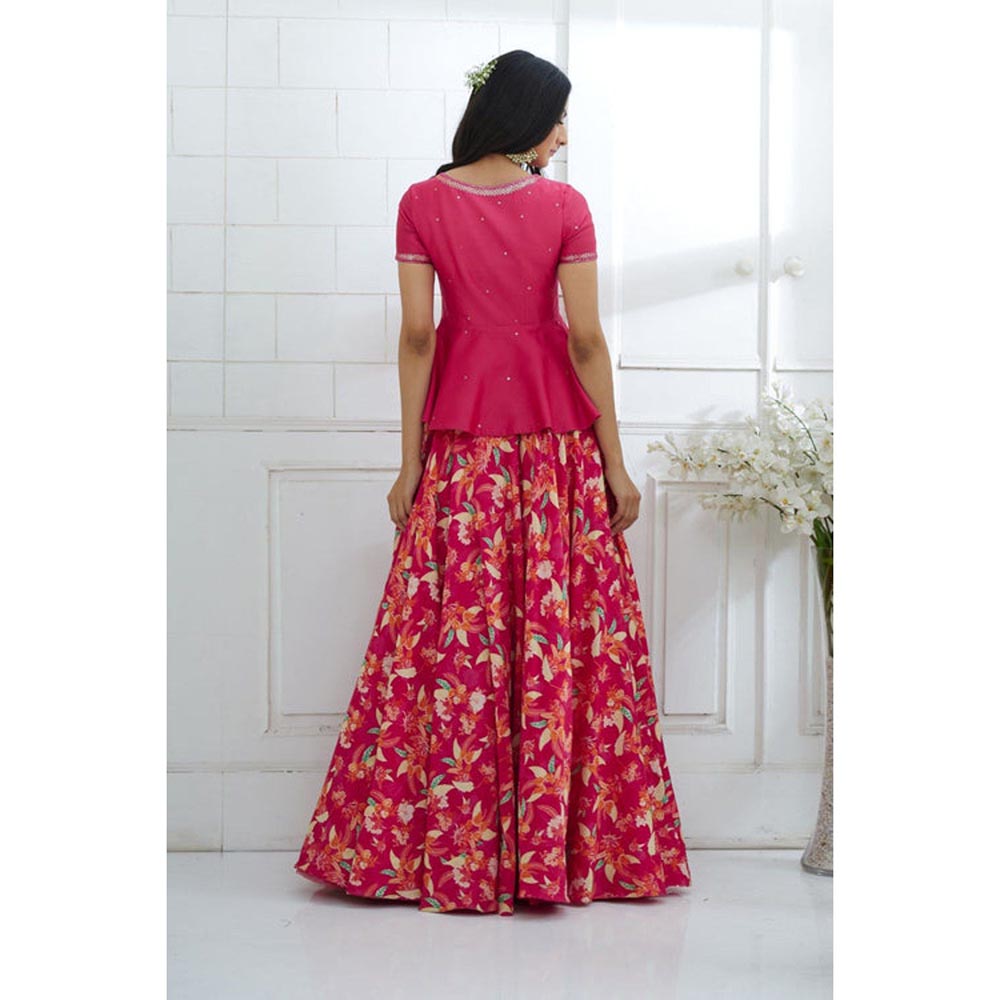 MANDIRA WIRK Fuchsia Embroidered Peplum With Printed Lehenga