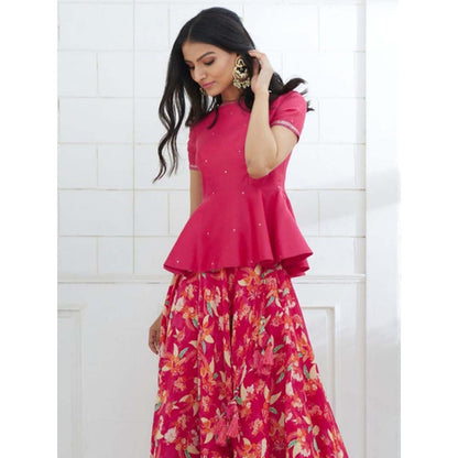 MANDIRA WIRK Fuchsia Embroidered Peplum With Printed Lehenga