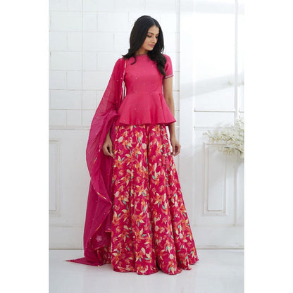 MANDIRA WIRK Fuchsia Embroidered Peplum With Printed Lehenga