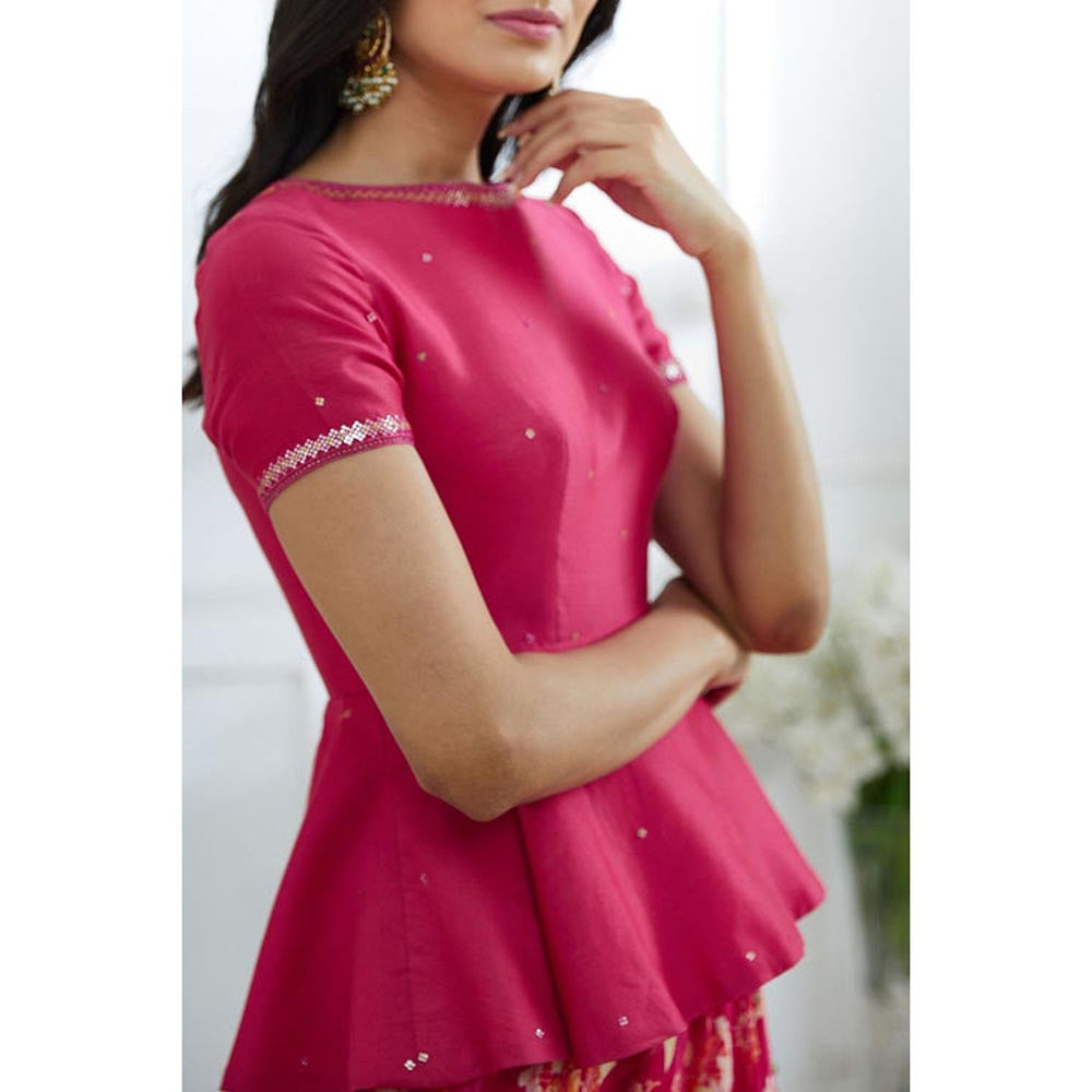 MANDIRA WIRK Fuchsia Embroidered Peplum With Printed Lehenga