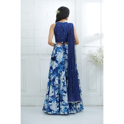 MANDIRA WIRK Blue Embroidered Printed Lehenga Blouse With Dupatta