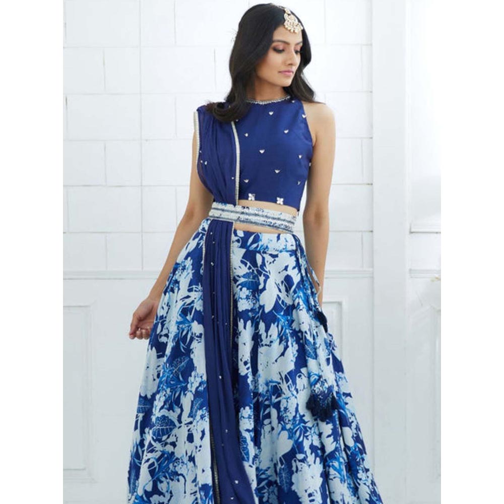 MANDIRA WIRK Blue Embroidered Printed Lehenga Blouse With Dupatta