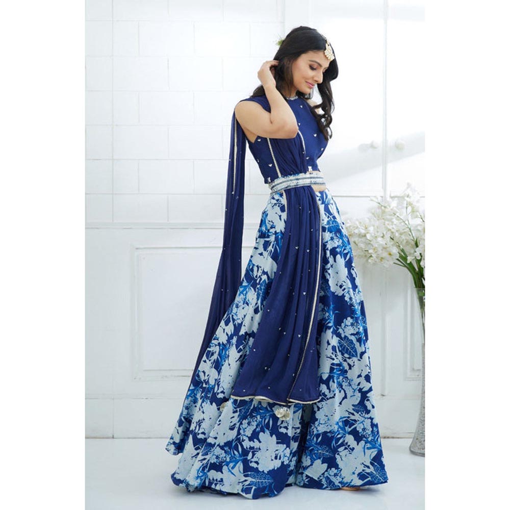 MANDIRA WIRK Blue Embroidered Printed Lehenga Blouse With Dupatta
