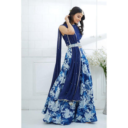 MANDIRA WIRK Blue Embroidered Printed Lehenga Blouse With Dupatta