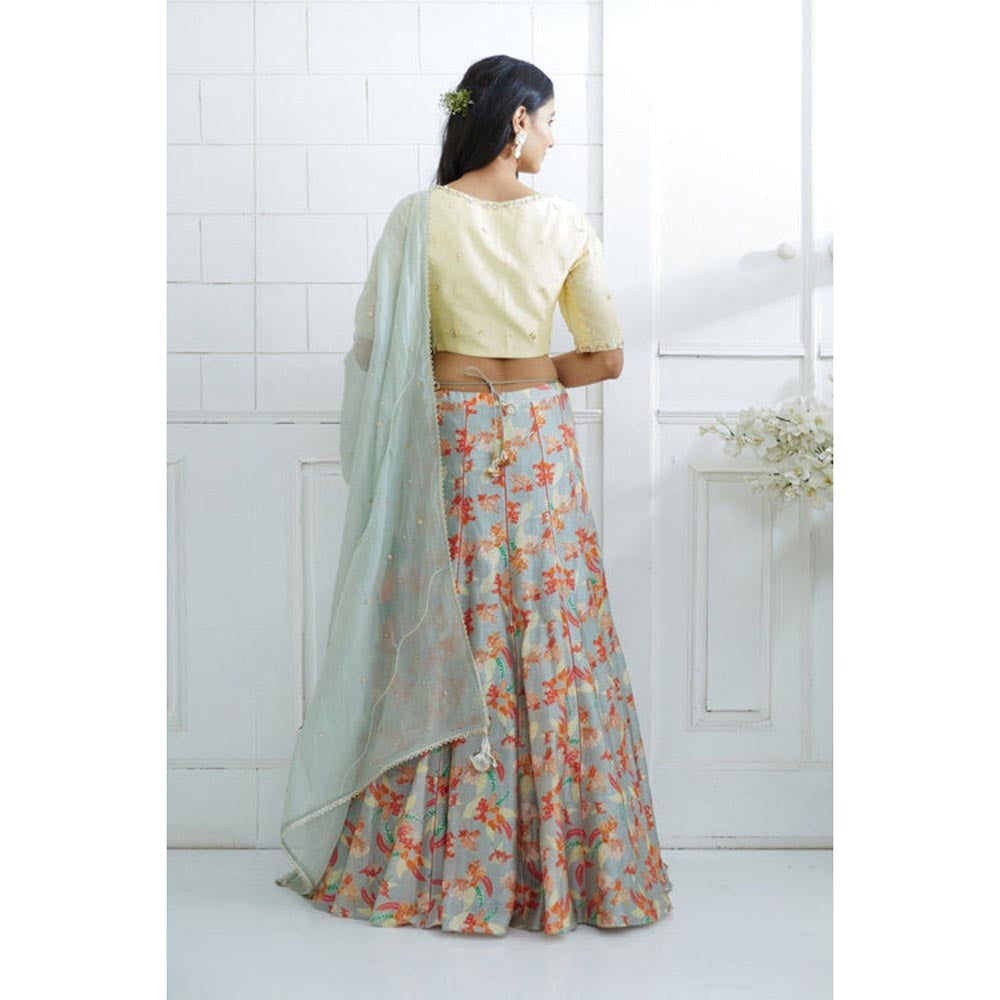 MANDIRA WIRK Pale Yellow Printed Lehenga Blouse With Dupatta