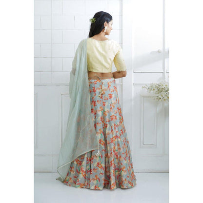 MANDIRA WIRK Pale Yellow Printed Lehenga Blouse With Dupatta